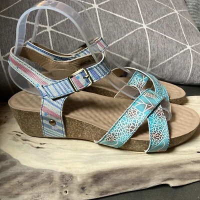 Spring Step L’ARTISTE Sandals Sz 39 US 8 Turquoise Leather Cork Wedge VELLA NWOB - Image 1 of 4