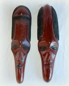 Pair ~ Vintage Wooden AFRICAN MASKS ~ 15" Handcrafted ~ Burled Wood ~ Black - Picture 1 of 9