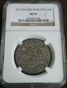 Lovely! MOROCCO AH1320 (1902) Silver 1/2 RIAL Slabbed Certified Graded NGC AU55 - Picture 1 of 4