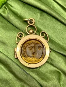 Tiger's Eye Locket Man In The Moon Sun Apollo Victorian Rare Hand Carved - Picture 1 of 12
