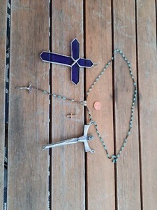 Vintage Catholic Light Blue Glass Rosary 18" Cross Stained Glass Jesus - Picture 1 of 8
