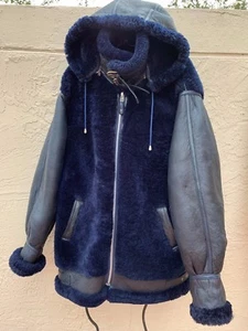 COCKPIT B-3 USA GENUINE SHEARLING FUR SHEEPSKIN HOODED BOMBER FLIGHT JACKET XL - Picture 1 of 10