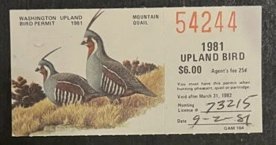 Travelstamps: 1981 US Washington Upland Bird Hunting Permit #WA-UB11 Used  - Image 1 of 4