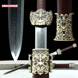 Brass Dragon Battle Sword Clay Tempered Carbon Steel Sharp Blade Jian Knife Nice - Picture 1 of 11