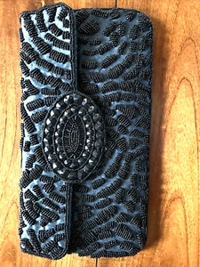 Chicos Blue Black Satin Silk Beaded Handbag Clutch - Picture 1 of 7