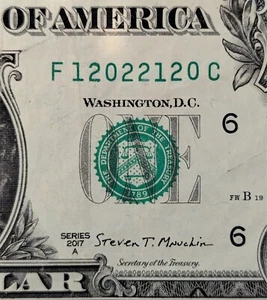 2017 A $1 bill fancy serial, attractive repeating true trinary, F 12022120 C - Picture 1 of 3