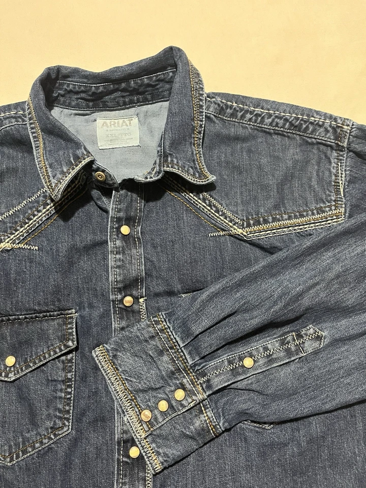 Camisa Ariat Para Hombres 2xl Camisa Denim Azul Rodeo Perla Occidental Puntada a Presión Country Foto 1 de 4