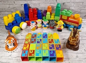 57 pc Lot MEGA BLOKS Building Blocks Figures Animals Train Cars Alphabet Blocks - Picture 1 of 11