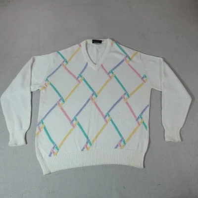 Suéter Pescador Para Hombres XL Blanco Cuello en V Pastel Argyle Geométrico Pullover Grueso Foto 1 de 4