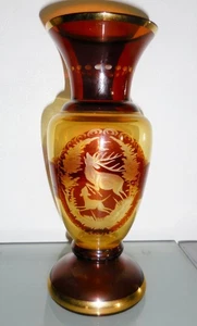 VINTAGE BOHEMIAN CUT TO CLEAR CRYSTAL VASE BEAUTIFUL AMBER DEER DESIGN NR - Picture 1 of 7