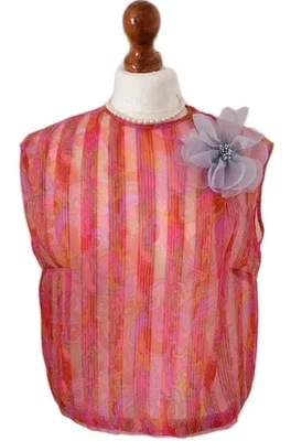 VINTAGE PINK CORAL ORGANZA CLASSIC SHEER SLEEVELESS PATTERN TOP BLOUSE FR42 UK14 - Image 1 of 4