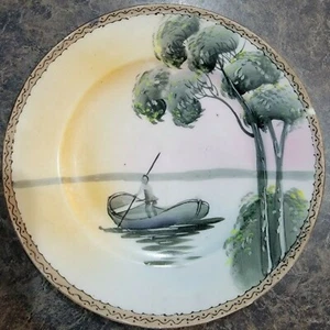 Antique NIPPON Wall Plaque Plate Hand Painted Nature Fisherman boat water trees - Picture 1 of 10