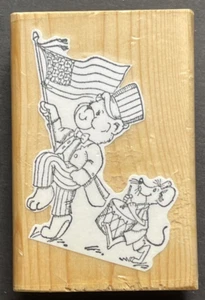 Teddy Bear and Mouse Patriotic March USA American Flag Wood Rubber Stamp - Picture 1 of 3