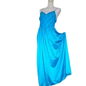 Vintage 70er 80er Aqua Blau Satin Nylon Lang Full Slip Transparent Spitze M Knöchellang - Bild 1 von 11