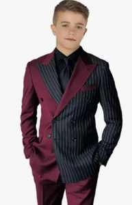 Striped Color Block Boy Suits Double Breasted Casual Kids Tuxedo Blazer and Pant - Picture 1 of 41