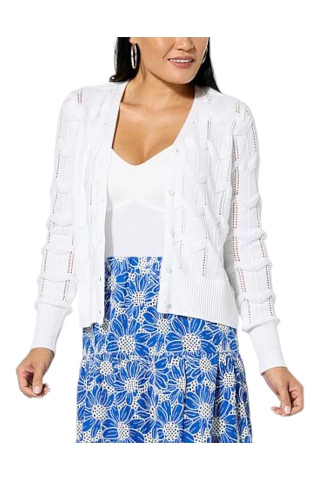 Jaclyn Smith Pointelle Knit Button-Front V-Neck Cardigan White - Image 1 of 1
