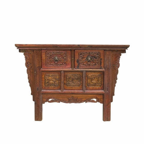 Chinese Vintage 2 Drawers Carving Brown Side Table Cabinet cs6921 Cover