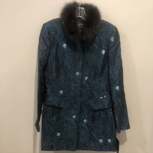 Dana Buchman NWT Black/Teal Peacock Feather Design Coat Sz 6 (E1468) - Picture 1 of 9