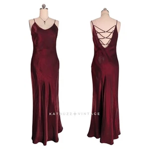Vintage Prom Dress Maxi Gown L Red Goth 90s Y2K Grunge Maroon Slip Satin Glam - Picture 1 of 14