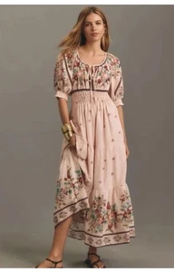 ANTHROPOLOGIE Women Dress S Somerset Pink Floral Maxi Puff Sleeve ** Flaw GUC - Picture 1 of 24