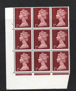 G.B.  -  SG. 726 :  1968 "  2d. Lake Brown in  a  CYLINDER BLOCK of 9  " . - Picture 1 of 1