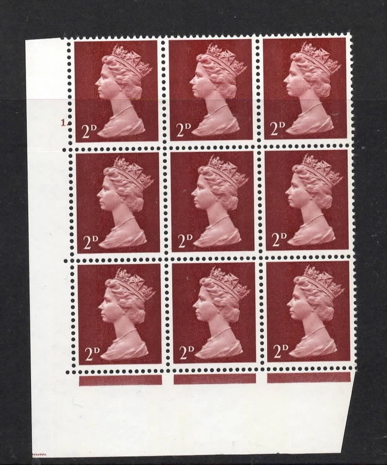 G.B.  -  SG. 726 :  1968 "  2d. Lake Brown in  a  CYLINDER BLOCK of 9  " . - Image 1 of 1