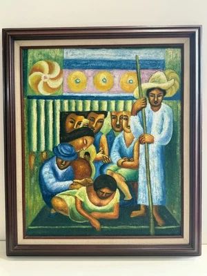 Original Oil Painting in the Style of Diego Rivera, Group of Mexican Figures - Image 1 of 3
