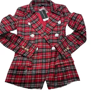 XS Attitude Unknown Double Breasted Blazer Jacket Red Tartan Plaid NWT - Picture 1 of 6