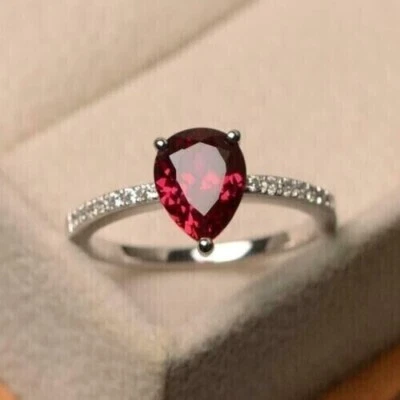 Lab-Created Red Ruby 2.10Ct Pear Cut Solitaire Ring In White Gold Plated Silver - Image 1 of 4