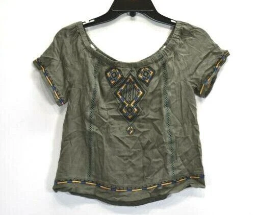 MISS ME девочек зеленый вышитый декольте коротким рукавом льняной смеси повседневный Топ L - Изображение 1 из 4