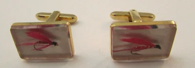 Vintage Hickok Gold Tone Cufflinks Fly Fishing Lure Lucite Beautiful Estate Find - Image 1 of 3
