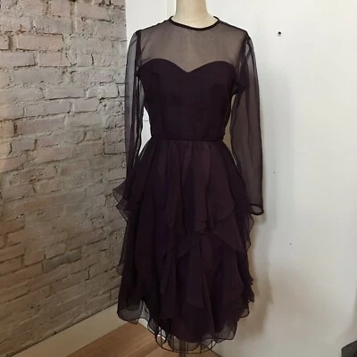 Vestido de cóctel vintage Victor Costa años 80 púrpura de gasa manga larga en capas XS Foto 1 de 4