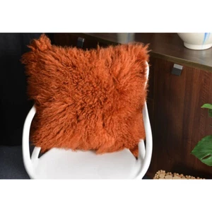 1Pcs Real Mongolian Curly Fur Pillow Case Sofa Cushion Cover Orange Red 18x18in - Picture 1 of 5