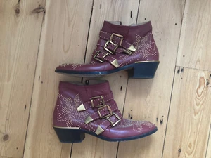 Chloe Susanna leather ankle gold western buckle boots burgundy wine 37 UK 4 - Picture 1 of 12