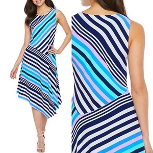 Neu mit Etikett $ 89 Nicole Miller blau gestreiftes asymmetrisches ärmelloses Kleid Gr. 12 Stretch - Bild 1 von 6