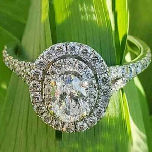 2.00 TCW Oval Cut Moissanite Double Halo Engagement Ring 14k White Gold Plated - Picture 1 of 5