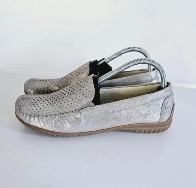 Gabor Perforated Metallic Silver Handmade Visone Women's Moccasin Loafers 9.5 - Image 1 of 4