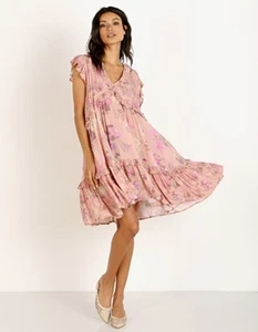 Spell & The Gypsy Wild Bloom Mini Dress Size M Oversized Blush Frills Smocked - Picture 1 of 12