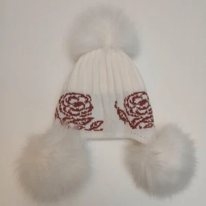 Girls White Winter Hat Pom Poms Red Rose with Sequins 5 in x 15 in - Picture 1 of 9
