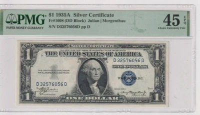 Fr 1608 1935A $1 SC D32576056D PMG 45EPQ LAST BLOCK 1935-A BLUE SEAL - Image 1 of 2