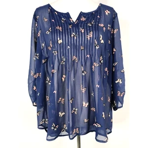 Torrid Top Women 1X 1 Blue Butterfly Print Pleated Sheer Flowy Boho Flowy Beachy - Picture 1 of 10
