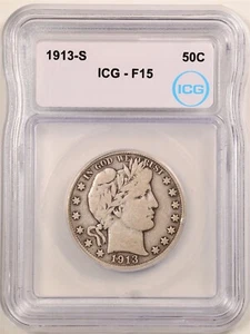 1913-S 50C Barber Liberty Head Half Dollar F15 ICG 7739283801 - Picture 1 of 2