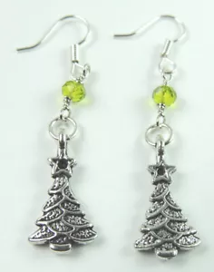 Green Crystal Bead Earrings with Christmas Trees Handcrafted - Picture 1 of 1