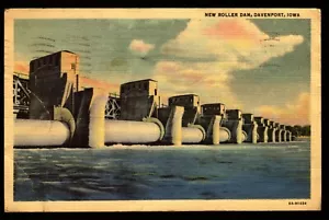 Postkarte Iowa Davenport IA New Roller Dam Mississippi River Leinen verschickt 1938 - Bild 1 von 2