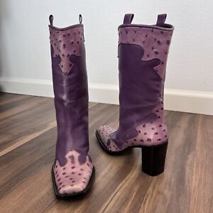Vintage Via Spiga Women's Mid Calf Purple Ostrich Square Toe Cowboy Boots 6.5M