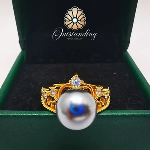 Genuine Grey Tahitian Pearl Ring 9ct Gold Filled Lab Grown Diamond Adjustable - Picture 1 of 23