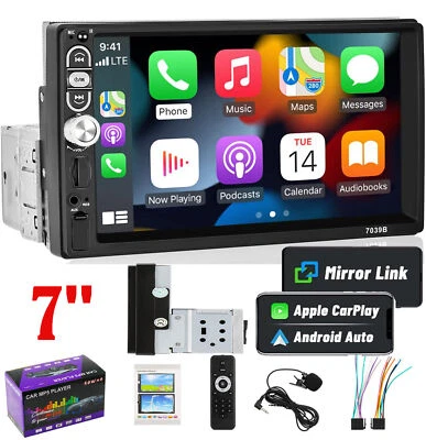 7" Single 1Din Touch Screen Car Stereo Radio For Apple/Android CarPlay Bluetooth - Image 1 of 4