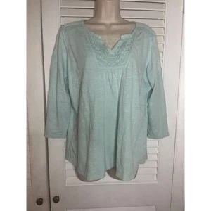 L.L.Bean aqua peasant type 100% cotton blouse XL pintucks mesh inset Mint - Picture 1 of 5