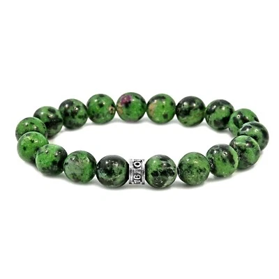 NOV9M 26.00ct Ruby Zoisite 10mm Beads & 925 Sterling Silver Stretch Bracelet 7" - Image 1 of 4