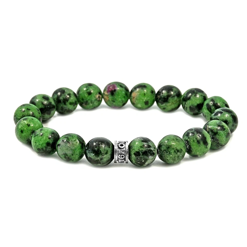 NOV9M 26.00ct Ruby Zoisite 10mm Beads & 925 Sterling Silver Stretch Bracelet 7" - Image 1 of 4
